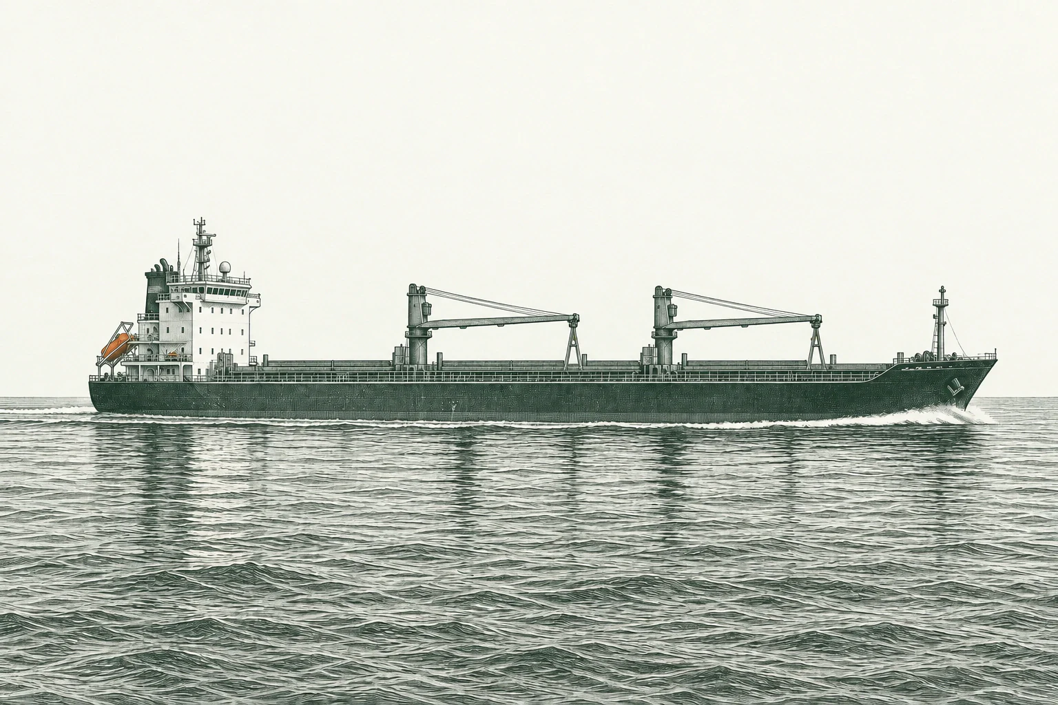 An engraved cargo ship underway, with waves breaking against its bow.