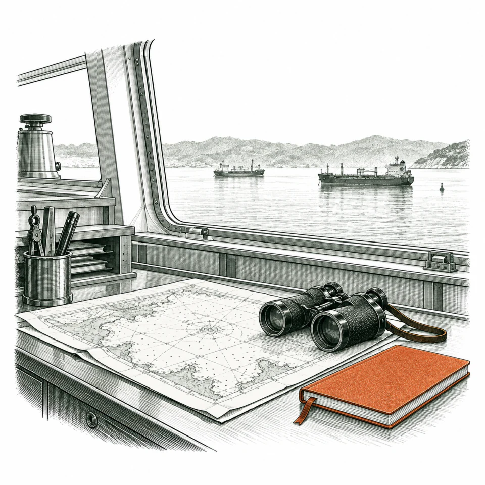 Engraving of a chart table with binoculars and an orange notebook overlooking an anchorage